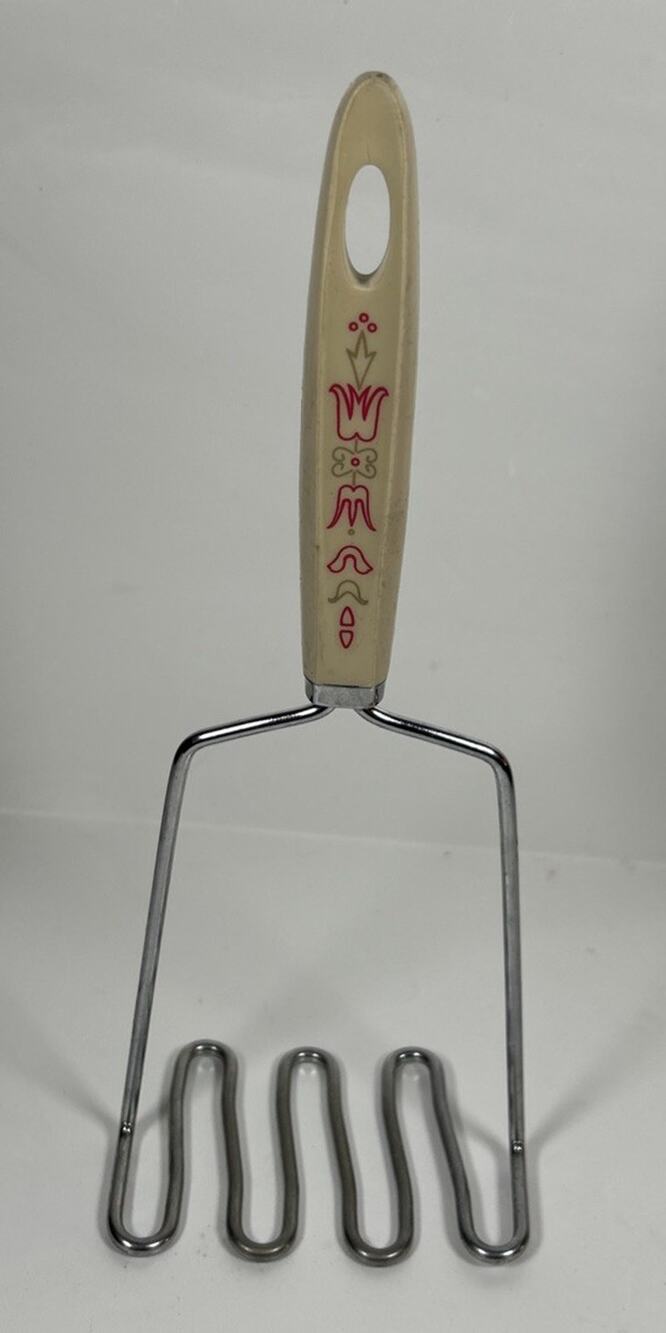 CUTE VTG Androck Stainless USA potato masher floral tan pink Cottagecore RARE